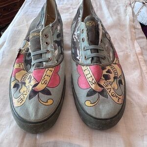Ed Hardy Shoes with Pink and Yellow Canvas Accent and Metal Tag